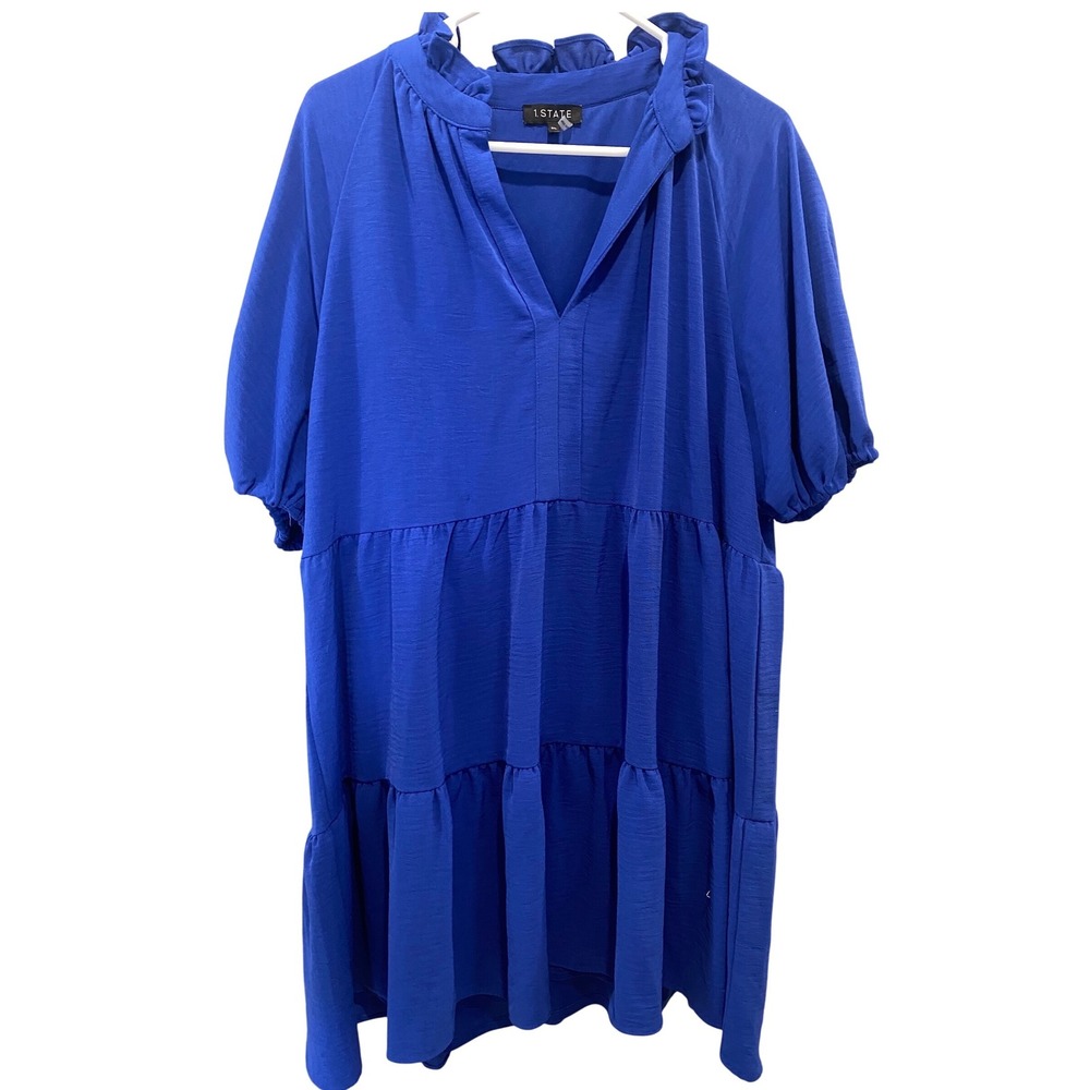 1.State Tiered Mini Party Dress Ruffle Neck Short Sleeve Cobalt Blue XL EUC‎